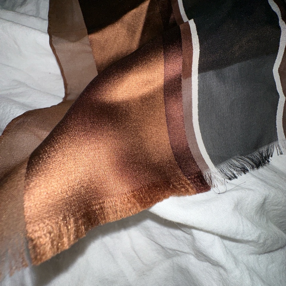 Valentino Brown, Black & Cream Striped Silk Scarf - Picture 6 of 9